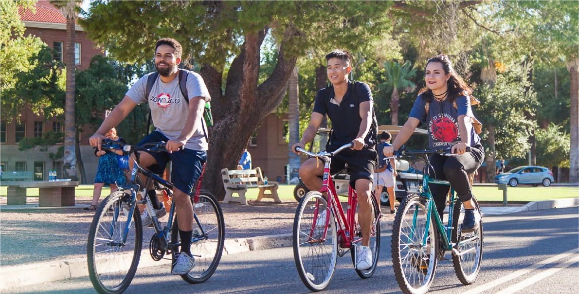 Three college students ride bicycles together on a sunny day at the University of Arizona. They are smiling and engaged in conversation as they cycle along a paved road lined with lush green trees and palm trees. The students are dressed casually, with backpacks on, suggesting they are on their way to or from class. In the background, other pedestrians are walking on campus, and a red-brick building is partially visible through the trees. The atmosphere is lively and welcoming, capturing a moment of student